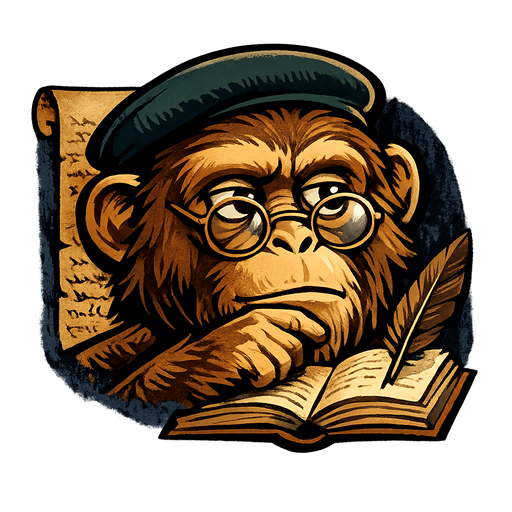 A thoughtful ape reading a book with a quill.